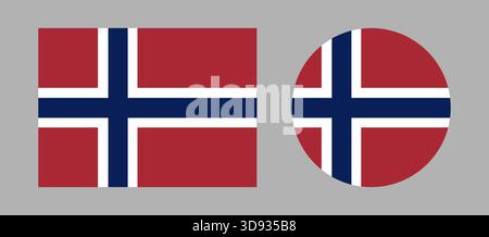 Norway round, rectangular flag. Flag of Norway button, badge set. National rectangle, circle flag Norway icons, templates. Illustrazione Vettoriale
