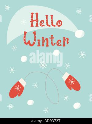 Buongiorno cartolina invernale con guanti rossi e lotta con palla di neve. Attività all'aperto. Divertenti giochi invernali. Illustrazione Vettoriale