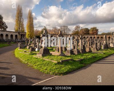 I colonnati del Great Circle del cimitero di Brompton, Londra, incorniciati da alti alberi autunnali ed erba. Foto Stock