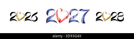 Set di icone creative per i festeggiamenti di Capodanno 2026, 2027 e 2028. Progettazione di numeri e cuore 3D. Illustrazione Vettoriale
