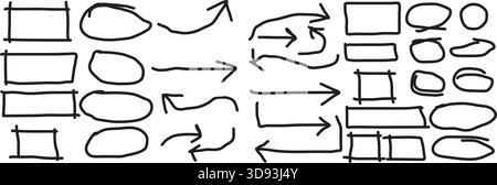 Forme del diagramma di flusso disegnate a mano e frecce su sfondo bianco Illustrazione Vettoriale