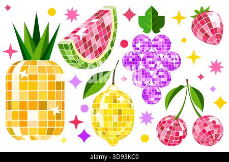 Set di frutta, frutti di bosco con consistenza a specchio. Illustrazione vettoriale alla moda di anguria, ananas, ciliegia, limone, fragola, uva. Design Illustrazione Vettoriale