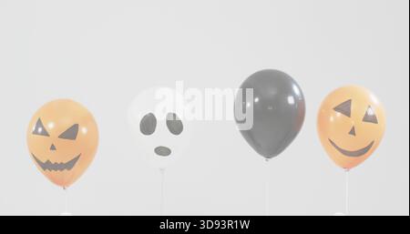 Quattro palloncini a elio che formano una fila orizzontale in studio, con facce fantasma Jack-o'-lanterne Foto Stock
