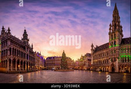 Vista panoramica della Grand Place di Bruxelles, Belgio, con un albero di Natale per le festività natalizie durante una splendida alba invernale Foto Stock