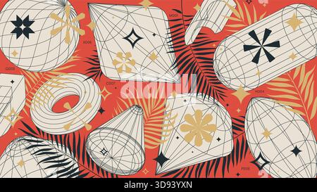 Sfondo geometrico astratto con varie forme di wireframe 3d e foglie tropicali botaniche, grafica di forme geometriche design moderno, colorato vettoriale Illustrazione Vettoriale