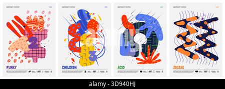 Poster minimalistici vettoriali colorati con stravaganti forme geometriche astratte e forme insolite con texture diverse in stile matisse, mod disegnata a mano Illustrazione Vettoriale