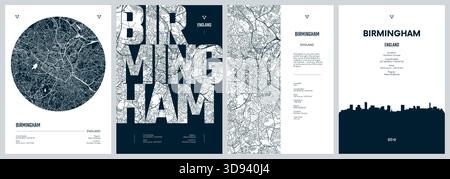 Serie di poster di viaggio con Birmingham, mappa dettagliata della città, sagoma dello skyline della città, grafica vettoriale Illustrazione Vettoriale