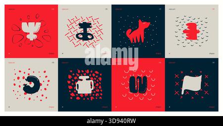 Set di composizioni dalle silhouette minimalistiche bizzarre astratte infantili dalle forme insolite e dalla consistenza in stile artistico matisse, giocano i colori rossi disegnati a mano Illustrazione Vettoriale