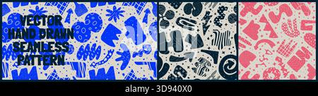 Motivo senza cuciture con stravaganti forme geometriche astratte e forme insolite con texture diverse in stile matisse, grafica a parete vettoriale disegnata a mano Illustrazione Vettoriale