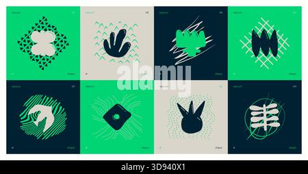 Set di composizioni dalle silhouette minimalistiche bizzarre astratte infantili dalle forme insolite e dalla consistenza in stile artistico matisse, colorate e divertenti Illustrazione Vettoriale