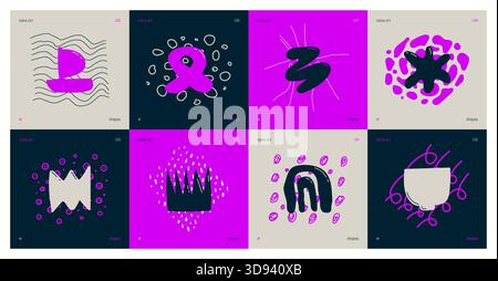 Set di composizioni dalle silhouette minimalistiche bizzarre astratte infantili dalle forme insolite e dalla consistenza in stile matisse art, color viola disegnato a mano p Illustrazione Vettoriale