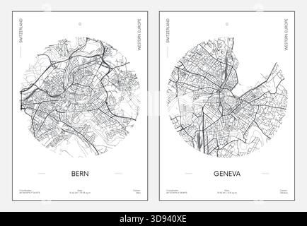 Poster di viaggio, mappa urbana della città di Berna e Ginevra, illustrazione vettoriale Illustrazione Vettoriale