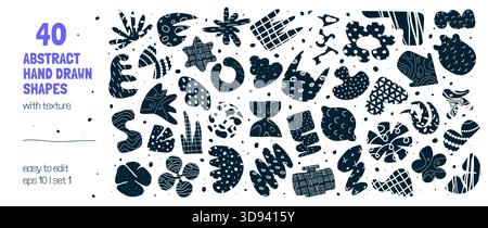 Collezione di silhouette minimalista bizzarro astratto geometrico forme e forme insolite con texture diverse in stile matisse, disegnate a mano primitiv Illustrazione Vettoriale