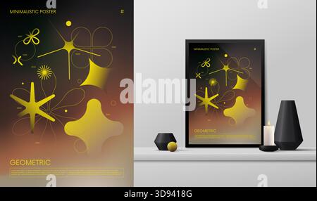 Poster rave minimalista con gradiente vettoriale con strane wireframe grafica di forme geometriche design Y2K ispirato al brutalismo e al mockup nell'interno Illustrazione Vettoriale