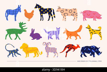 Ambientate in stile artistico matisse animali domestici e selvatici, bizzarri e minimalisti, con sagome disegnate a mano e texture diverse, Big Vector Doodle Illustrazione Vettoriale