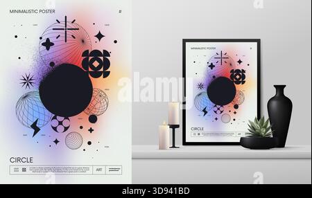 Poster rave minimalista con gradiente vettoriale con strani wireframe risorse grafiche forme geometriche design Y2K brutalismo e mockup negli interni, 3d. Illustrazione Vettoriale