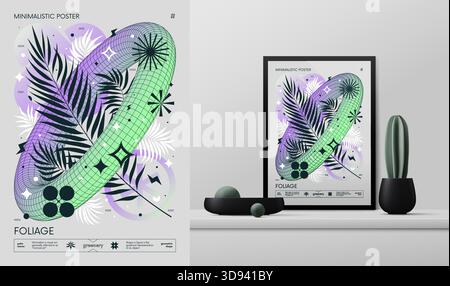Poster rave minimalista con gradiente vettoriale con strane wireframe grafica di forme geometriche design Y2K ispirato al brutalismo e al mockup nell'interno Illustrazione Vettoriale