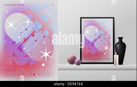 Poster rave minimalista con gradiente vettoriale con strane wireframe grafica di forme geometriche design Y2K ispirato al brutalismo e al mockup nell'interno Illustrazione Vettoriale