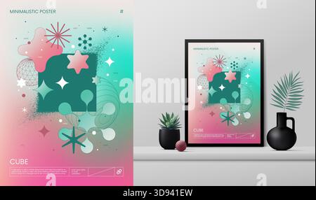 Poster rave a gradiente vettoriale con strani wireframe risorse di forme geometriche design Y2K ispirato al brutalismo e al mockup negli interni, turchesi Illustrazione Vettoriale