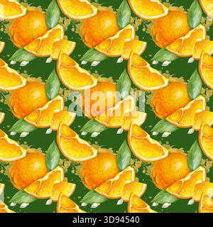 Pattern senza cuciture con arance, fette, semi e foglie su sfondo verde. Illustrazione acquerello con frutta succosa. Un luminoso modello botanico Foto Stock