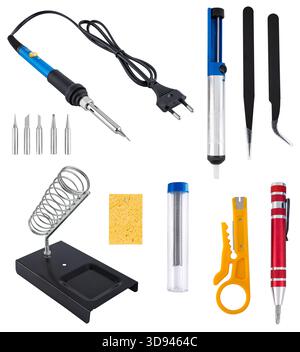 Kit professionale per la riparazione di componenti elettronici con un saldatore, utensili e accessori. Su sfondo bianco in isolamento. Foto Stock