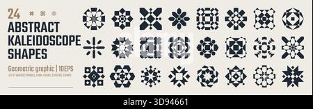 Elementi grafici geometrici astratti postmoderni, costruttore di caleidoscopio alla moda di varie forme, forma vettoriale brutalista, simboli di design retrò alla moda Illustrazione Vettoriale