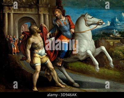 San Martino e il mendicante di benvenuto Tisi, noto come Garofalo (Canaro, Rovigo 1476/1481 - Ferrara 1559), Firenze, Italia alte Pinakothek italiano, Monaco di Baviera, Germania, ( San Martino e il mendicante,' una rappresentazione classica della carità dove il santo condivide il suo mantello, mettendo in mostra l'arte narrativa del Rinascimento italiano,) Foto Stock