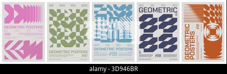 Grafica geometrica poster colorato alla moda, grafica astratta composizione caleidoscopio in estetica Y2K, forme semplici vettoriali rave print artwork modernismo A. Illustrazione Vettoriale