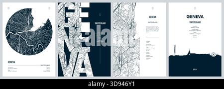 Serie di poster di viaggio con Ginevra, mappa dettagliata della città, sagoma dello skyline della città, grafica vettoriale Illustrazione Vettoriale
