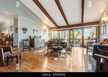 Grande camera con luce naturale, area soggiorno soleggiata con pavimenti in legno e ampie finestre Foto Stock