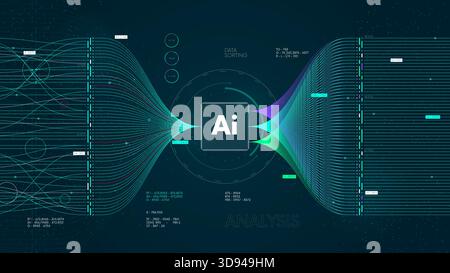 Tecnologia dei big data e analisi della rete, tecnologia dell'algoritmo di apprendimento automatico di deep learning per l'intelligenza artificiale, visualizzazione vettoriale in Illustrazione Vettoriale