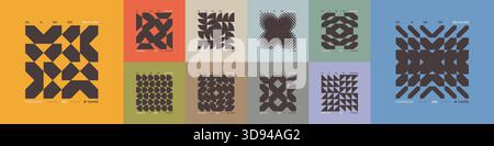 Kit di composizioni geometriche postmoderne con forme astratte nell'estetica brutale, mosaico di figure brutali, elemento futuristico retrò dai colori alla moda Illustrazione Vettoriale