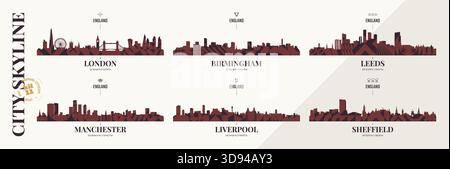Skyline della città di Londra, Birmingham, Leeds, Manchester, Liverpool, Sheffield, panorami dell'orizzonte cittadino inglese con brutalismo astratto Illustrazione Vettoriale