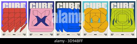 Poster geometrico astratto postmoderno alla moda semplice e moderno con forma isometrica a cubo 3D in un'estetica brutale, arte contemporanea audace minimalista Illustrazione Vettoriale