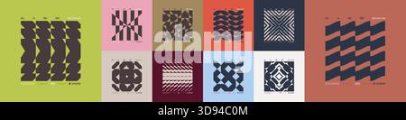 Kit di composizioni geometriche postmoderne con forme astratte nell'estetica brutale, mosaico di figure brutali, elemento futuristico retrò dai colori alla moda Illustrazione Vettoriale