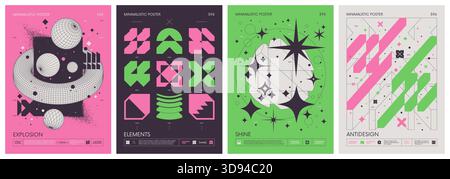 Futuristici elementi a reticolo grafico astratto di forme geometriche composizione rave, poster minimalistici vettoriali in stile brutalismo con poster silhouette Illustrazione Vettoriale