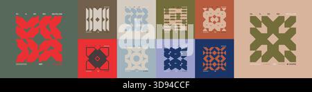 Kit di composizioni geometriche postmoderne con forme astratte nell'estetica brutale, mosaico di figure brutali, elemento futuristico retrò dai colori alla moda Illustrazione Vettoriale