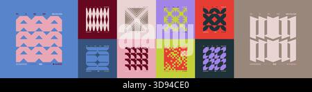 Kit di composizioni geometriche postmoderne con forme astratte nell'estetica brutale, mosaico di figure brutali, elemento futuristico retrò dai colori alla moda Illustrazione Vettoriale