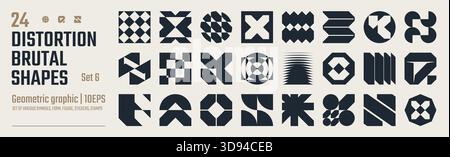 Elementi grafici geometrici astratti postmoderni, effetto vetro di rifrazione e distorsione di varie forme, forme vettoriali brutaliste, design retrò alla moda Illustrazione Vettoriale