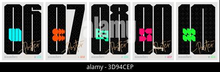Poster con silhouette forme brutali e numeri sportivi neri, composizione geometrica astratta grafica in un'estetica postmoderna, Vector retro futuristi Illustrazione Vettoriale