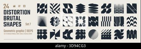 Elementi grafici geometrici astratti postmoderni, effetto vetro di rifrazione e distorsione di varie forme, forme vettoriali brutaliste, design retrò alla moda Illustrazione Vettoriale