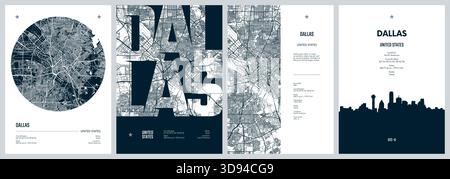 Serie di poster di viaggio con Dallas, mappa dettagliata della città, sagoma dello skyline della città, grafica vettoriale Illustrazione Vettoriale