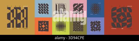 Kit di composizioni geometriche postmoderne con forme astratte nell'estetica brutale, mosaico di figure brutali, elemento futuristico retrò dai colori alla moda Illustrazione Vettoriale