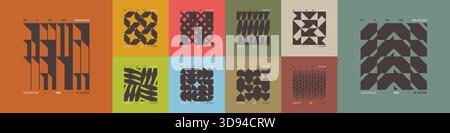 Kit di composizioni geometriche postmoderne con forme astratte nell'estetica brutale, mosaico di figure brutali, elemento futuristico retrò dai colori alla moda Illustrazione Vettoriale