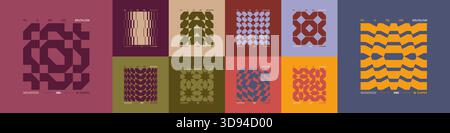 Kit di composizioni geometriche postmoderne con forme astratte nell'estetica brutale, mosaico di figure brutali, elemento futuristico retrò dai colori alla moda Illustrazione Vettoriale