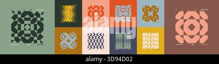 Kit di composizioni geometriche postmoderne con forme astratte nell'estetica brutale, mosaico di figure brutali, elemento futuristico retrò dai colori alla moda Illustrazione Vettoriale