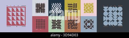 Kit di composizioni geometriche postmoderne con forme astratte nell'estetica brutale, mosaico di figure brutali, elemento futuristico retrò dai colori alla moda Illustrazione Vettoriale