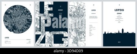 Serie di poster di viaggio con Lipsia, mappa dettagliata della città, sagoma dello skyline della città, grafica vettoriale Illustrazione Vettoriale