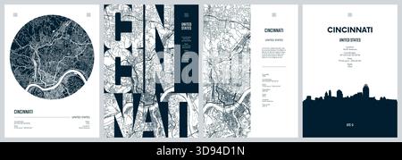 Serie di poster di viaggio con Cincinnati, mappa dettagliata della città, sagoma dello skyline della città, grafica vettoriale Illustrazione Vettoriale