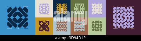 Kit di composizioni geometriche postmoderne con forme astratte nell'estetica brutale, mosaico di figure brutali, elemento futuristico retrò dai colori alla moda Illustrazione Vettoriale